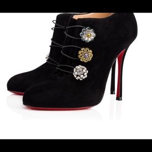 New, Authentic Christian Louboutin Black Suede MJ Bootoni Ankle Boot